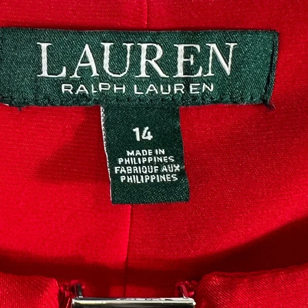 Lauren Ralph Lauren Women Red Ruched Faux Wrap Sheath Dress Sz 14 V Neck Stretch